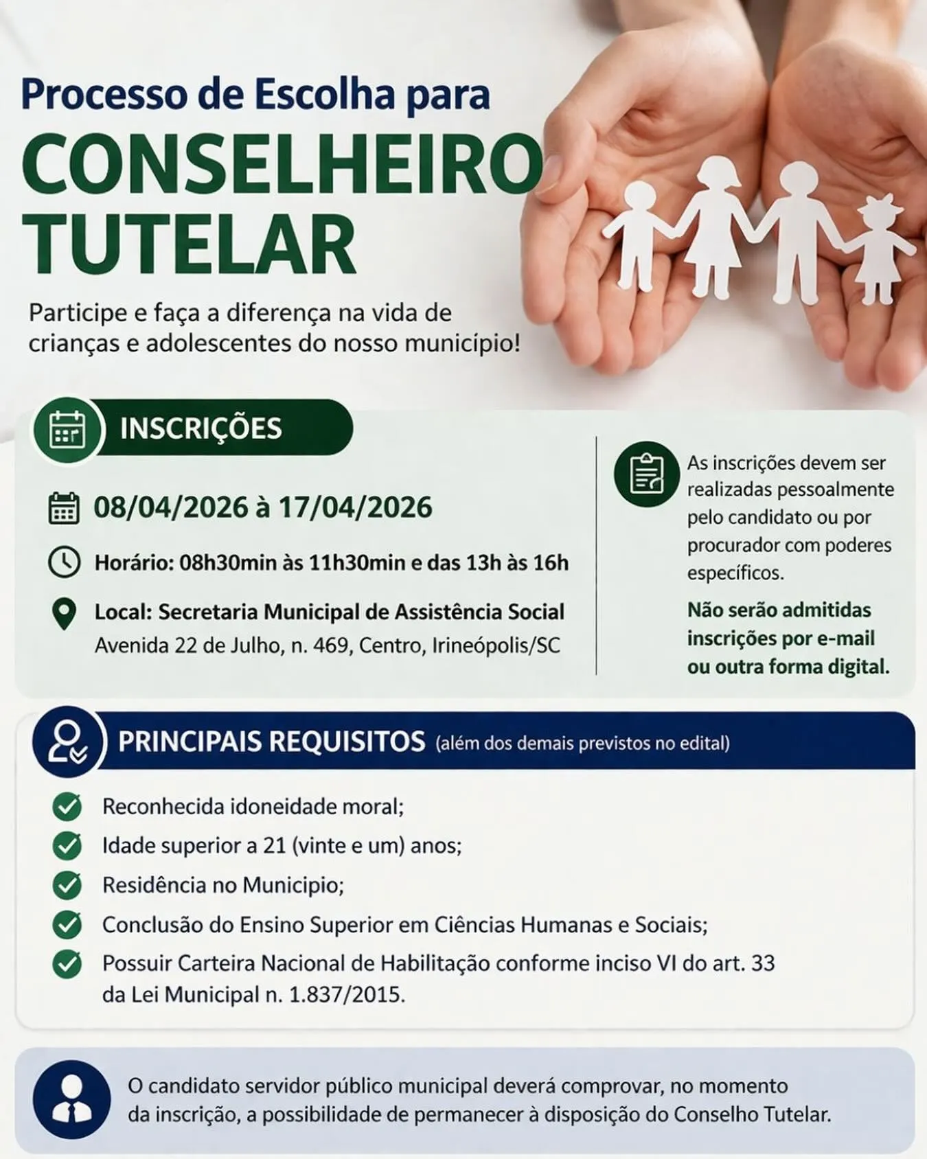 Irineópolis está com edital para conselheiros tutelares aberto