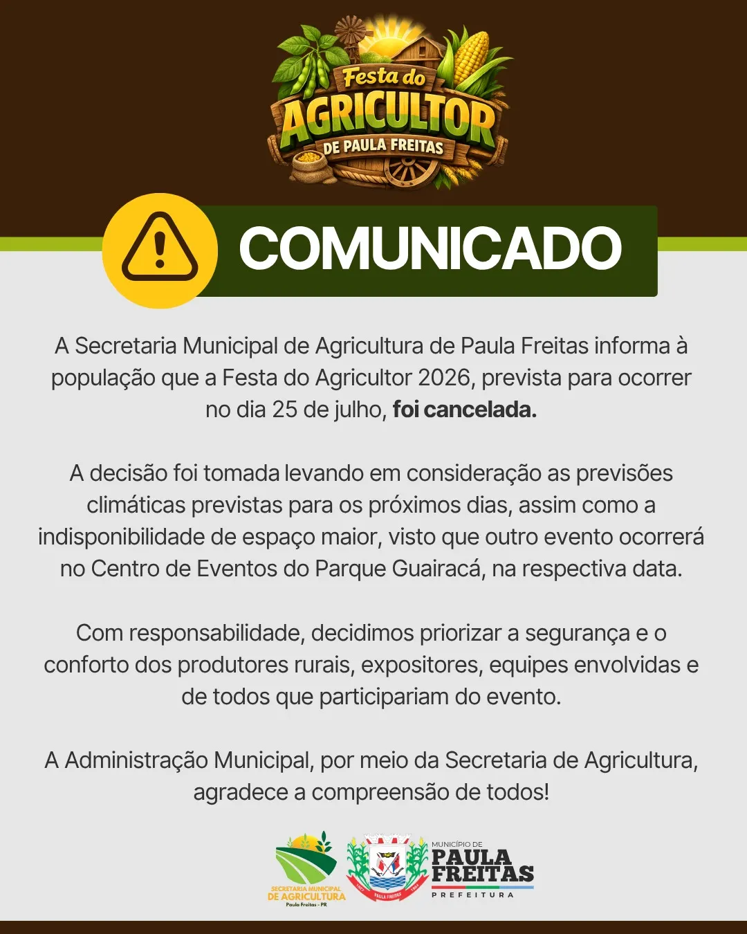 Festa do Agricultor 2026 é cancelada em Paula Freitas 