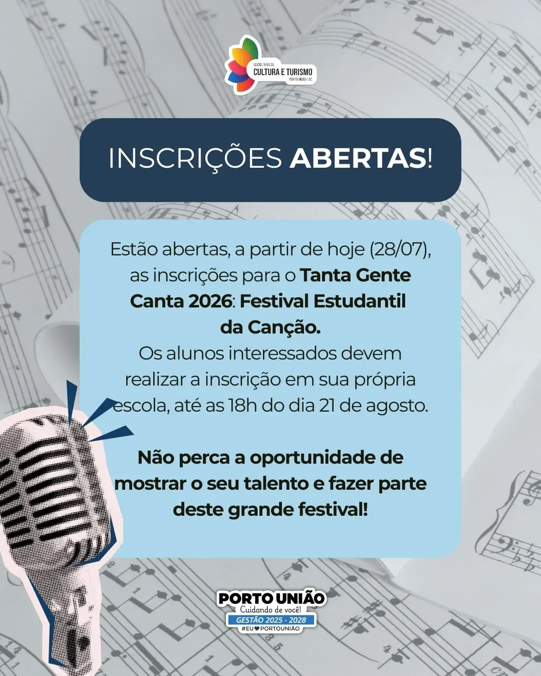 Inscrições para o Tanta Gente Canta 2026 estão abertas em Porto União