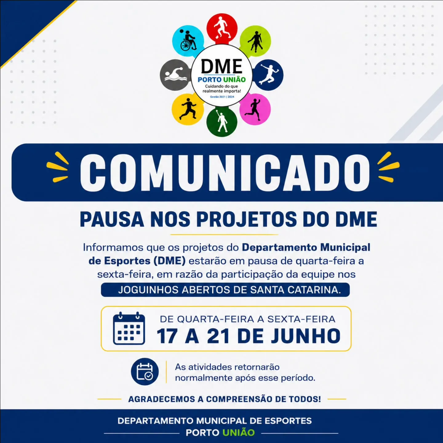 Projetos esportivos terão pausa durante os Joguinhos Abertos