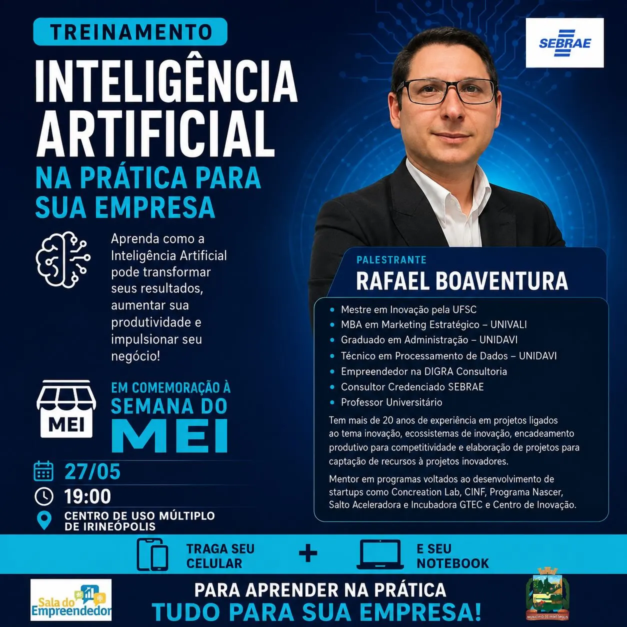 Semana do MEI terá treinamento sobre Inteligência Artificial para empresas em Irineópolis 
