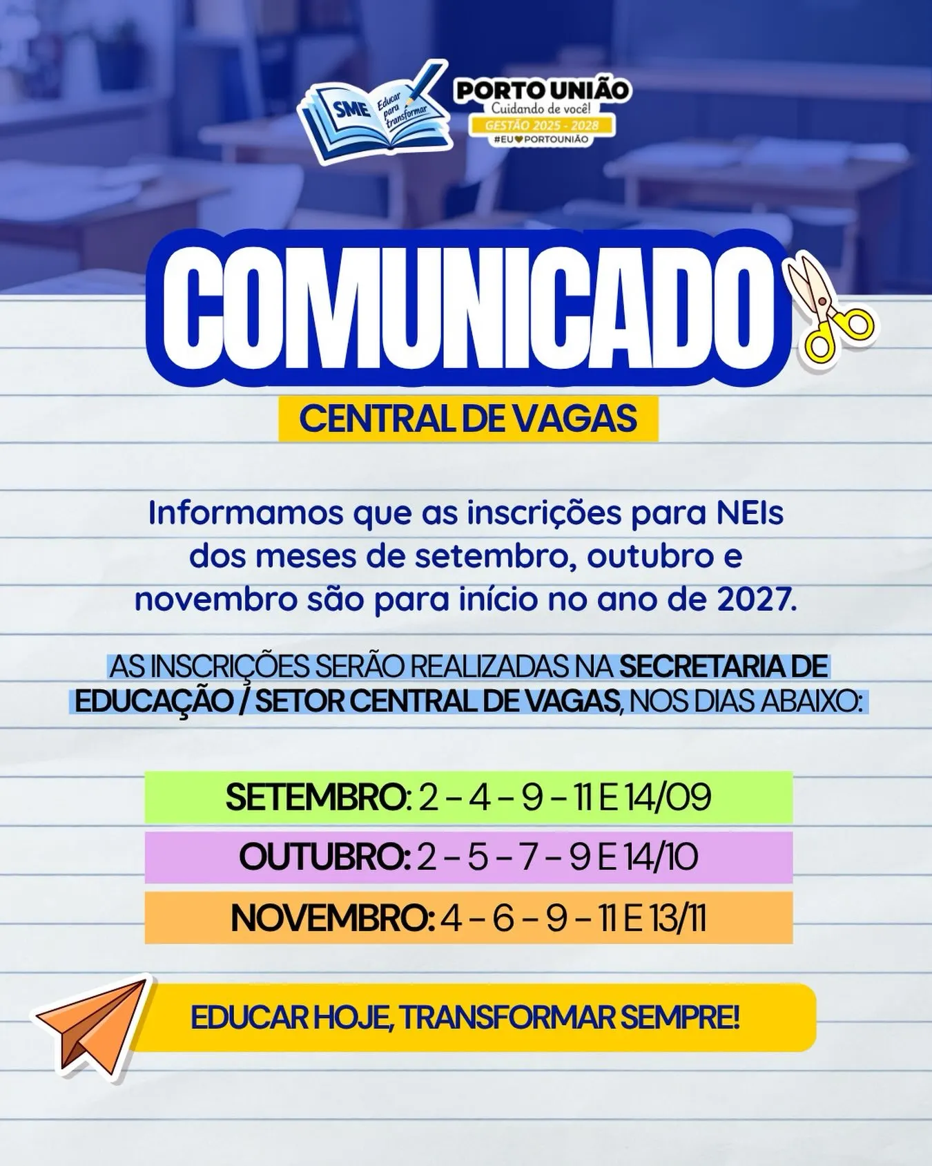 Inscrições para NEIs de 2027 têm datas definidas em Porto União 