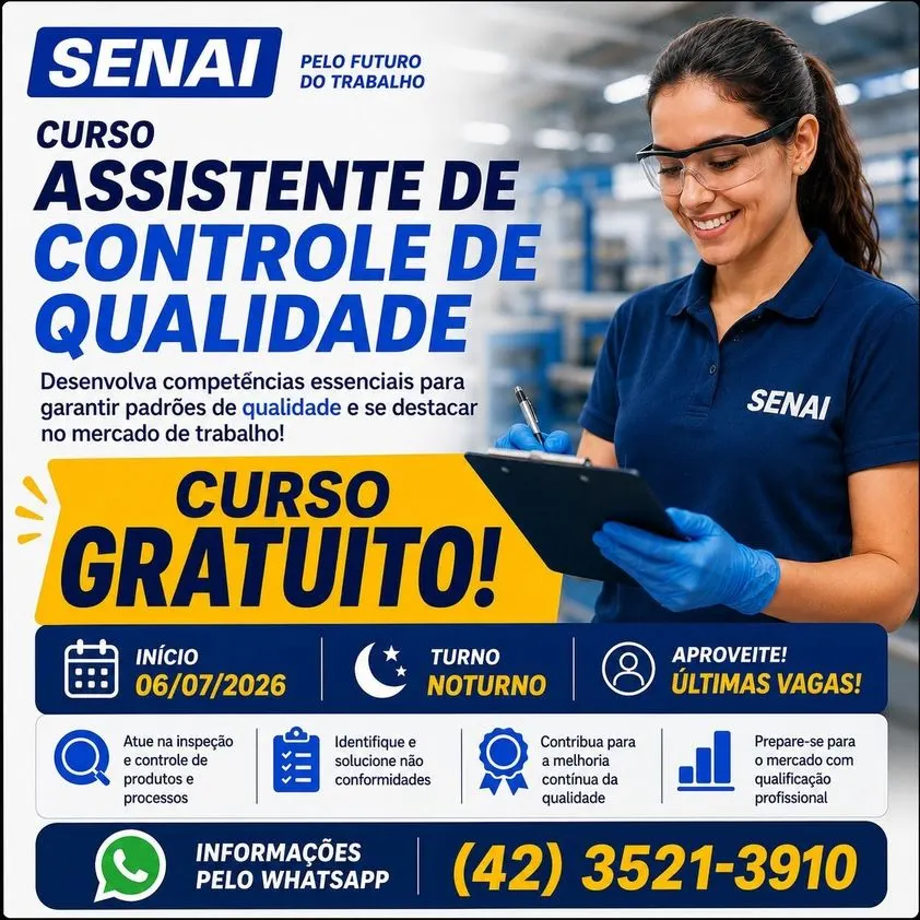 SENAI União da Vitória oferece últimas vagas para curso gratuito de Assistente de Controle de Qualidade