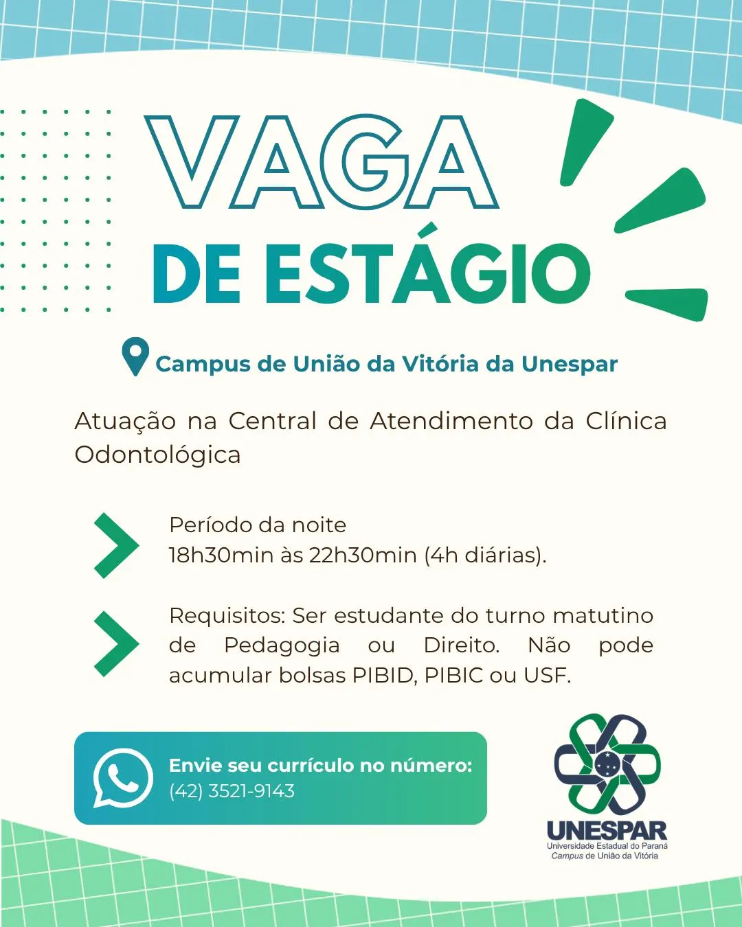 Unespar de União da Vitória divulga vaga de estágio para atuação na Clínica Odontológica 