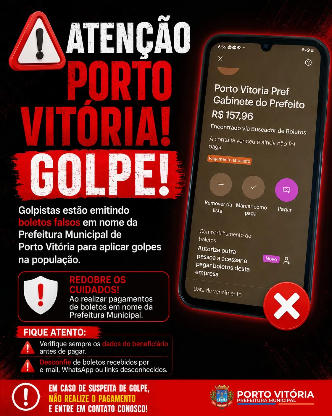 Prefeitura de Porto Vitória alerta população sobre golpe com boletos falsos 