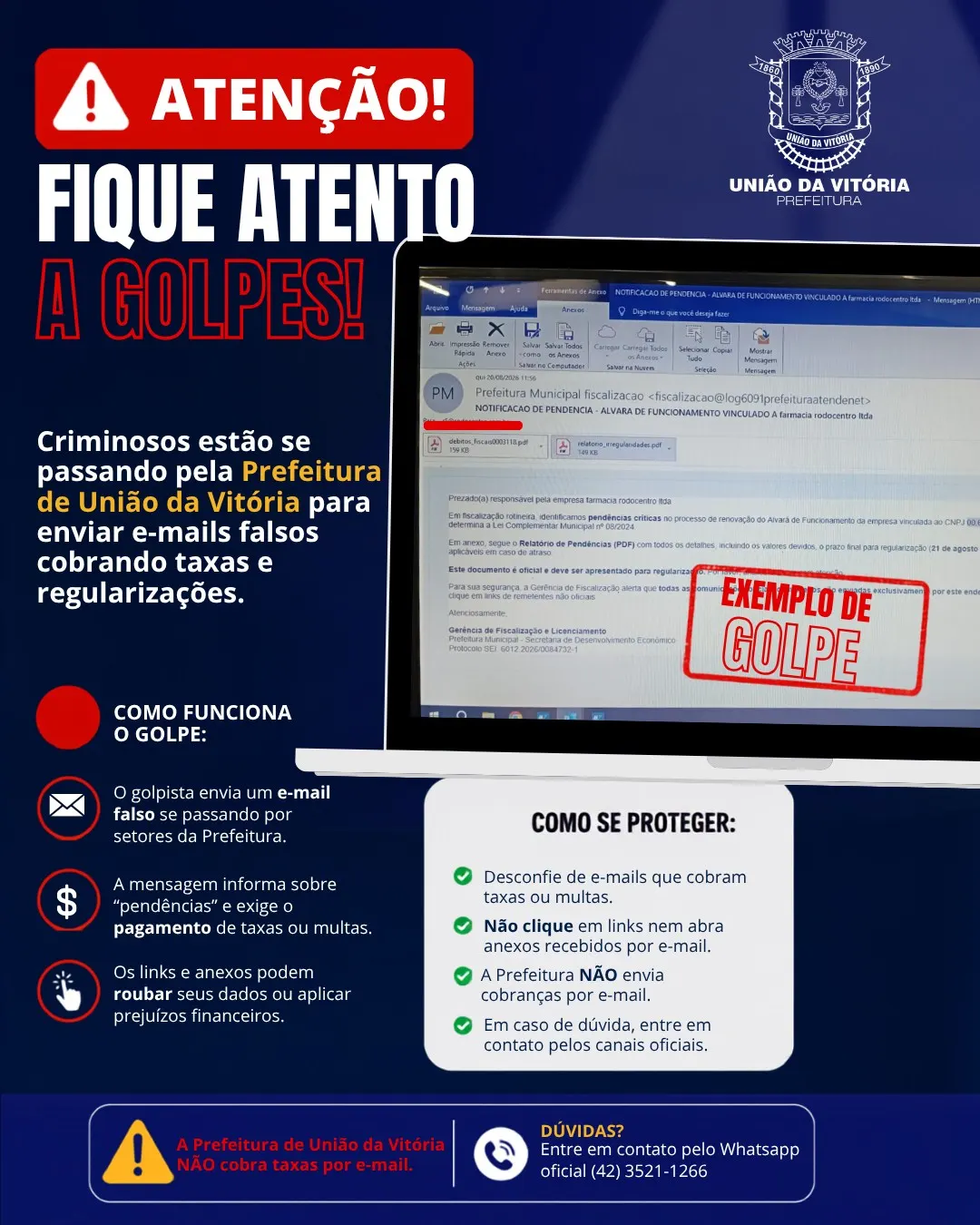 Prefeitura alerta para golpe de e-mails falsos com cobranças em nome do município