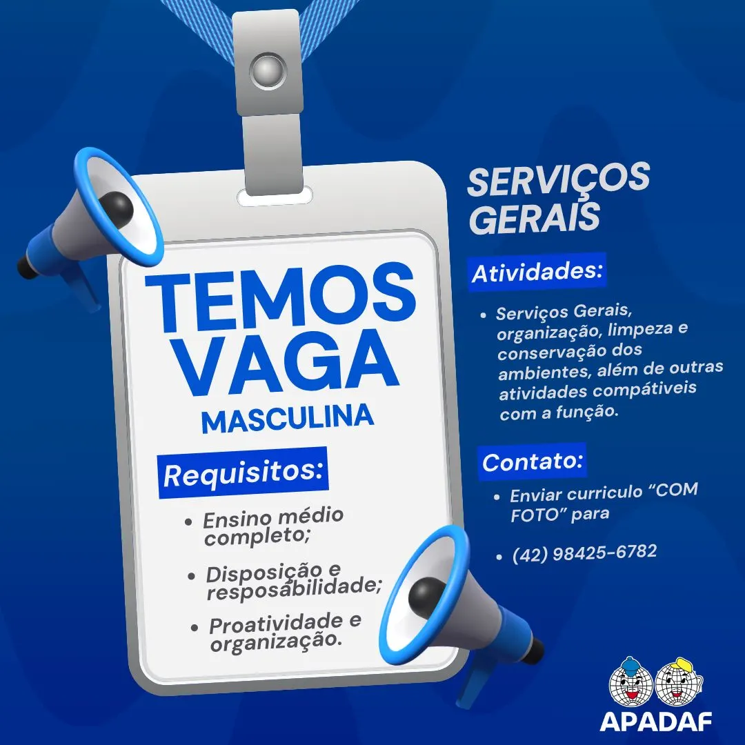 APADAF anuncia vaga para serviços gerais em Porto União