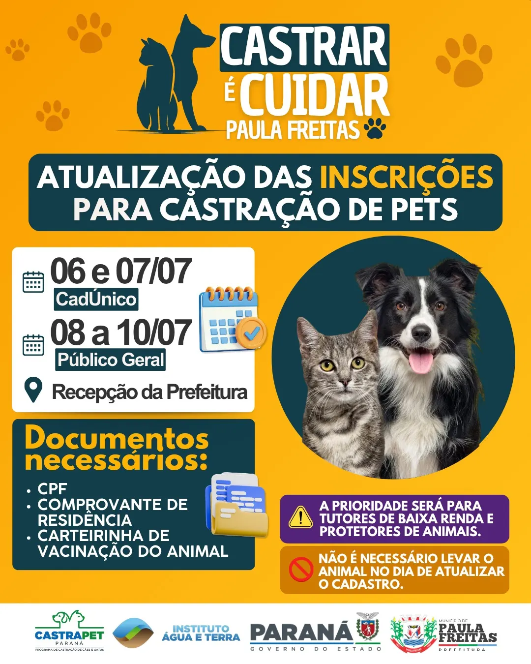Prefeitura de Paula Freitas atualiza inscrições para programa de castração de cães e gatos 