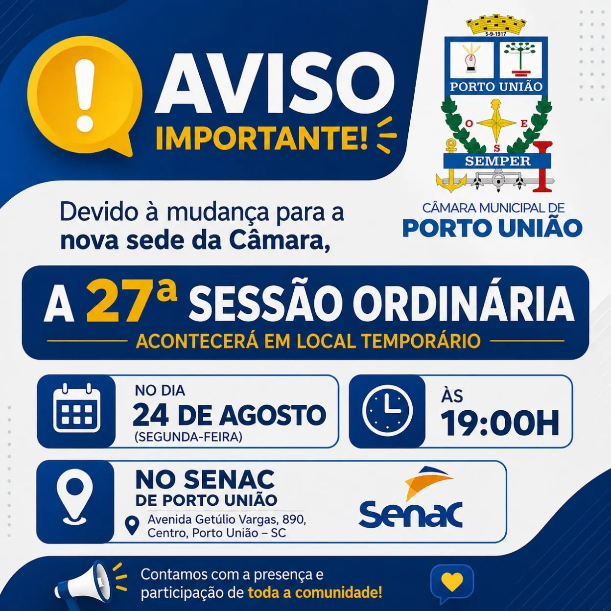 Câmara de Porto União realiza sessão em novo endereço nesta segunda-feira