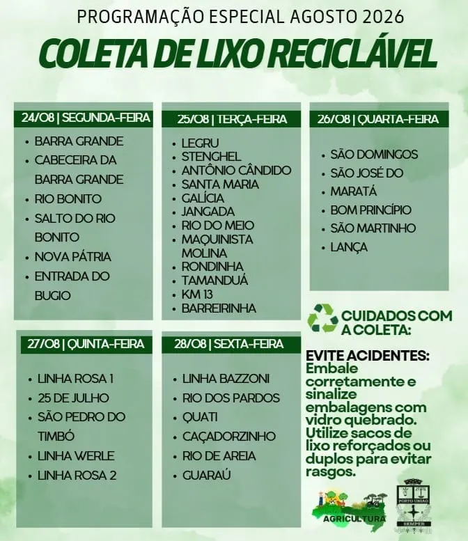 Coleta de recicláveis percorre comunidades de Porto União na próxima semana
