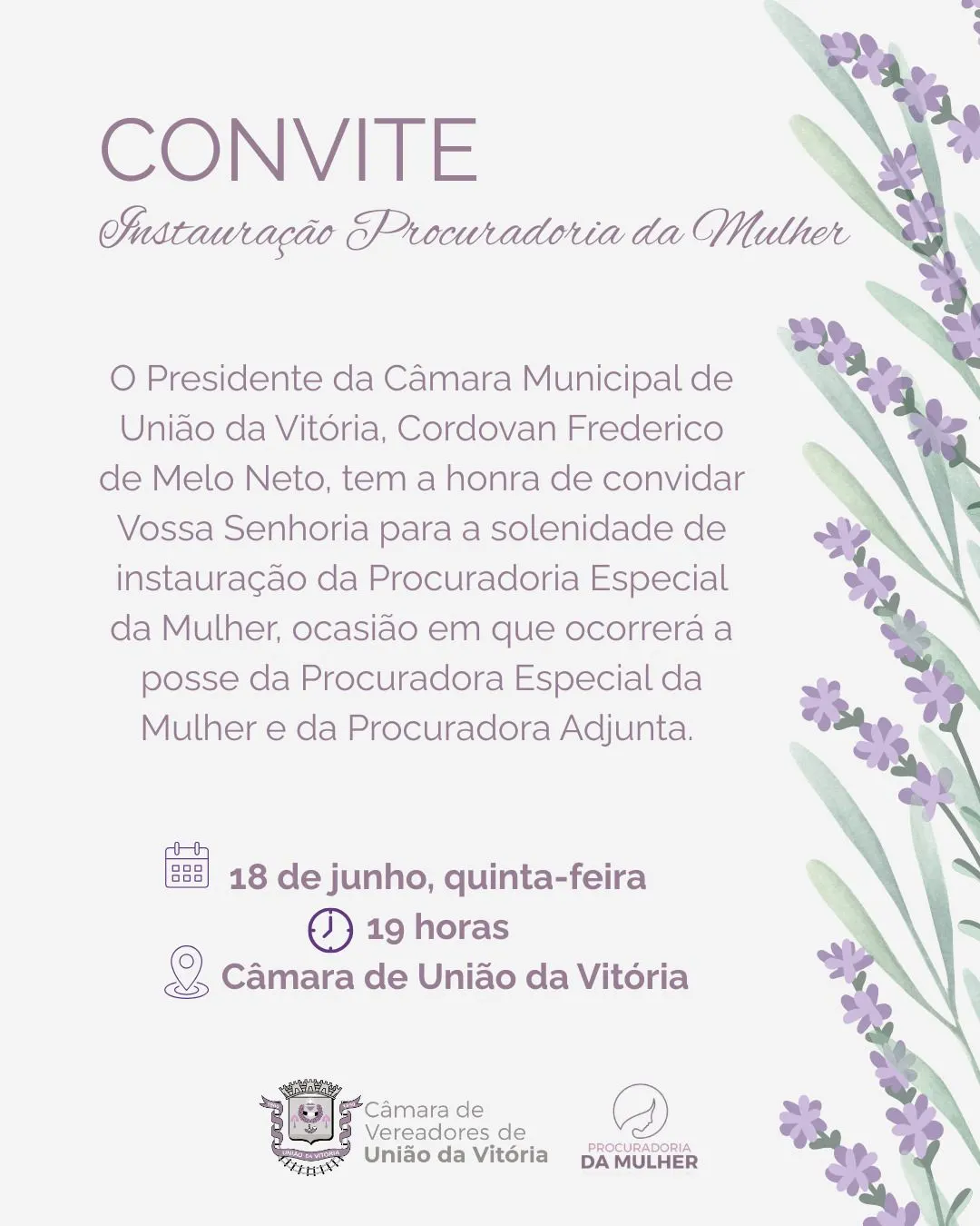 Câmara de União da Vitória realizará solenidade de instalação da Procuradoria da Mulher 