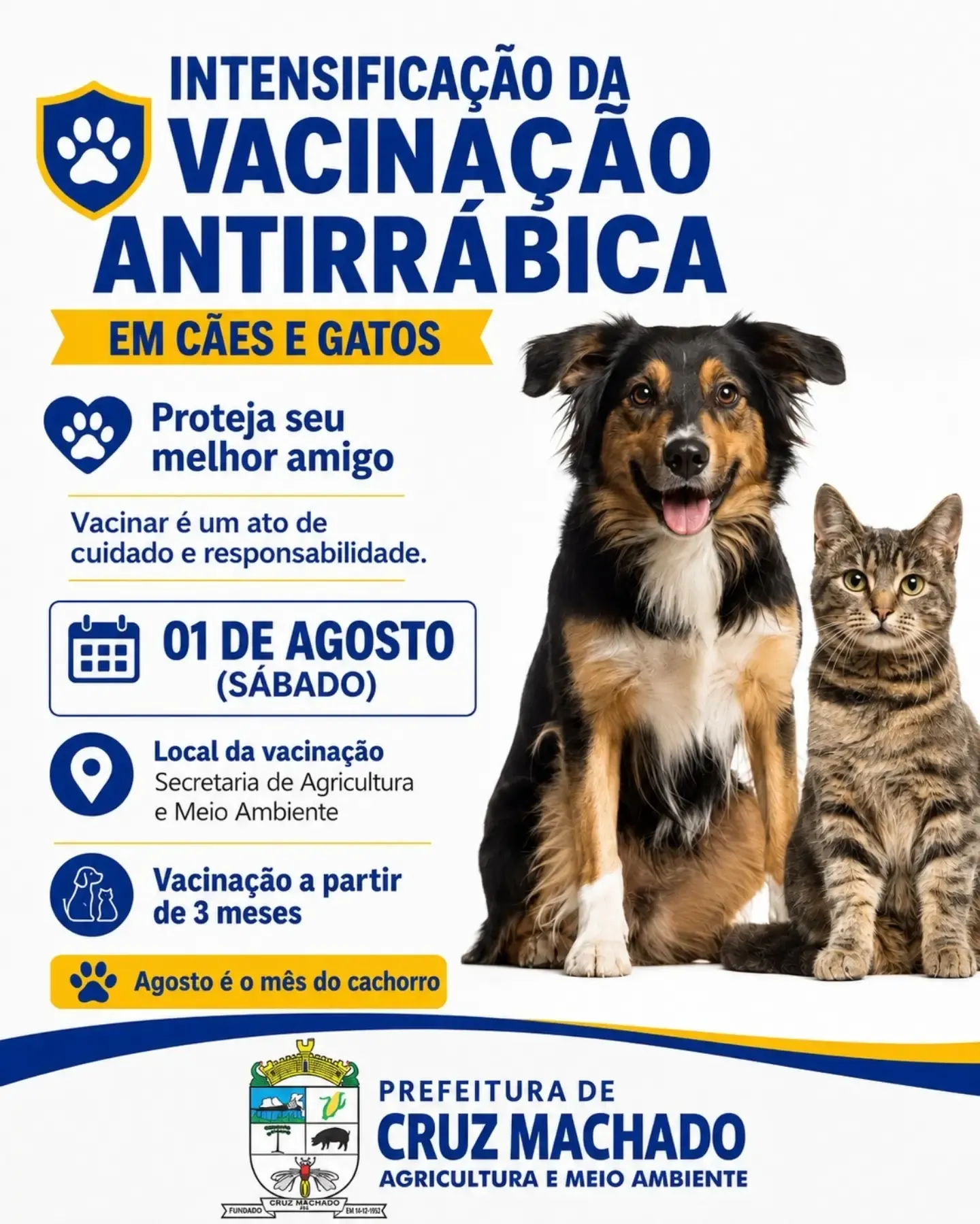 Cruz Machado realiza ação de vacinação antirrábica para cães e gatos neste sábado 