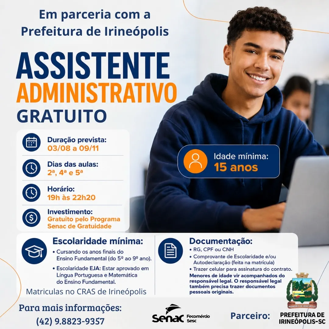 Senac e Prefeitura de Irineópolis oferecem curso gratuito de Assistente Administrativo