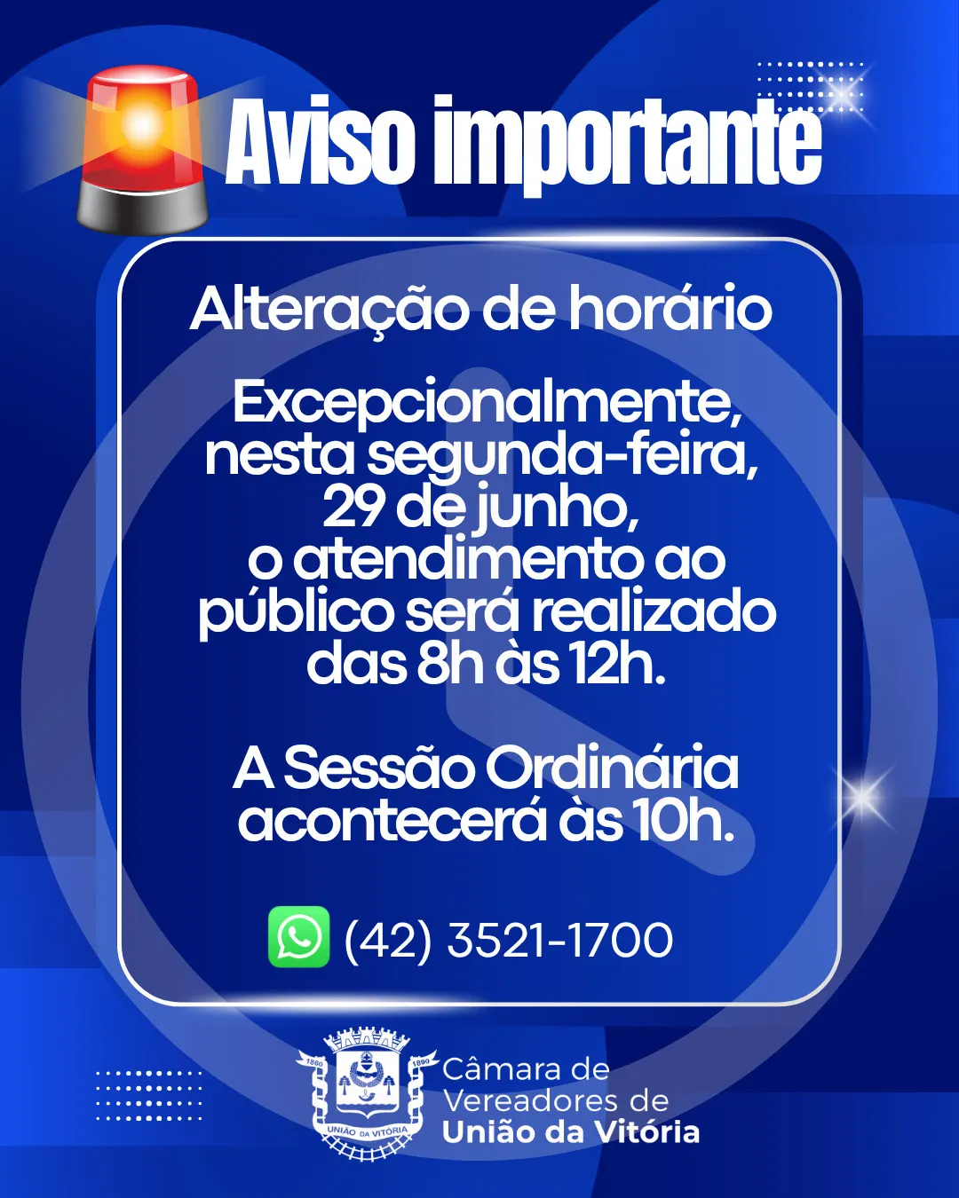Câmara de União da Vitória altera horário de atendimento e antecipa sessão na segunda-feira 