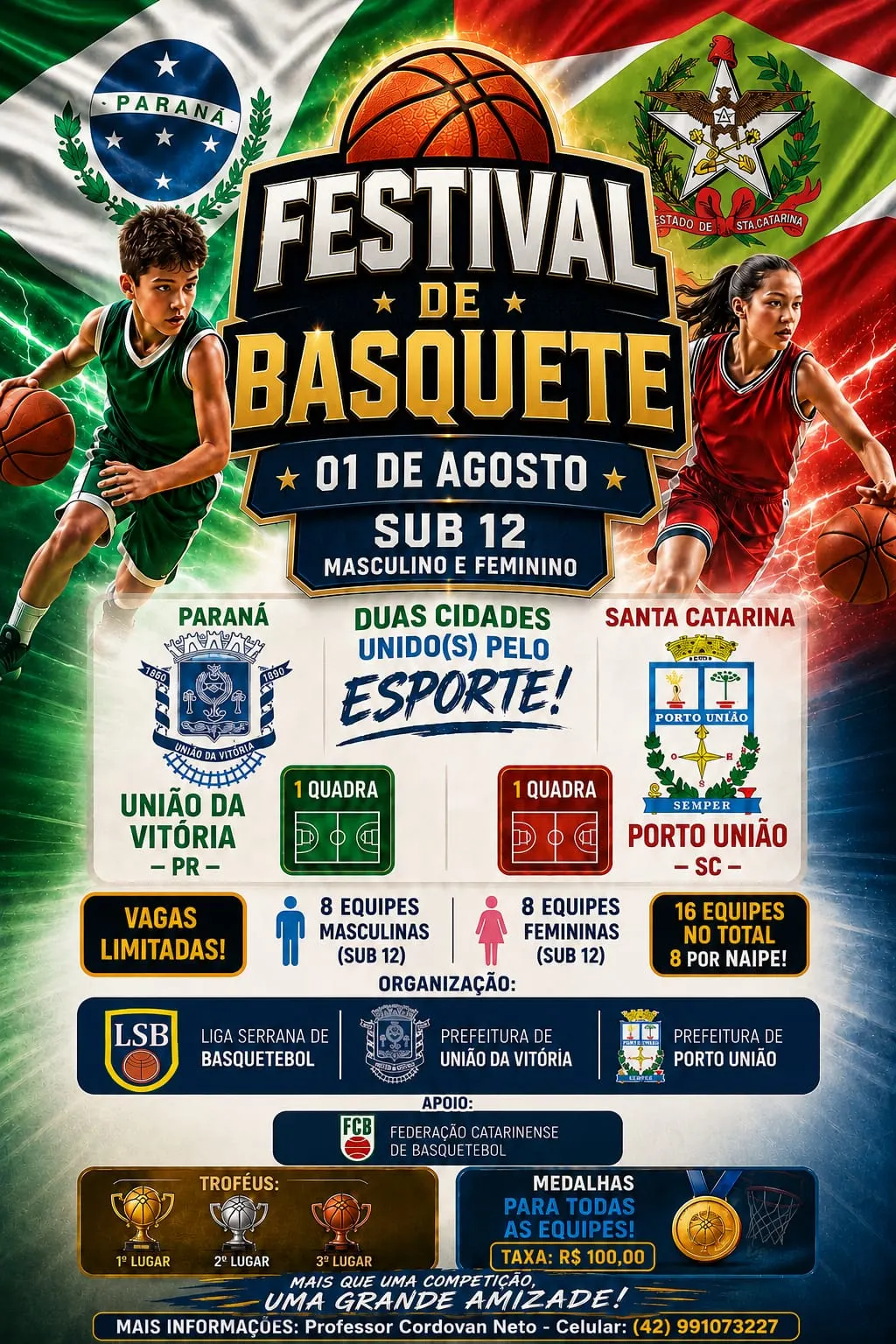 Festival de Basquete Sub-12 reunirá equipes do Paraná e Santa Catarina em União da Vitória e Porto União