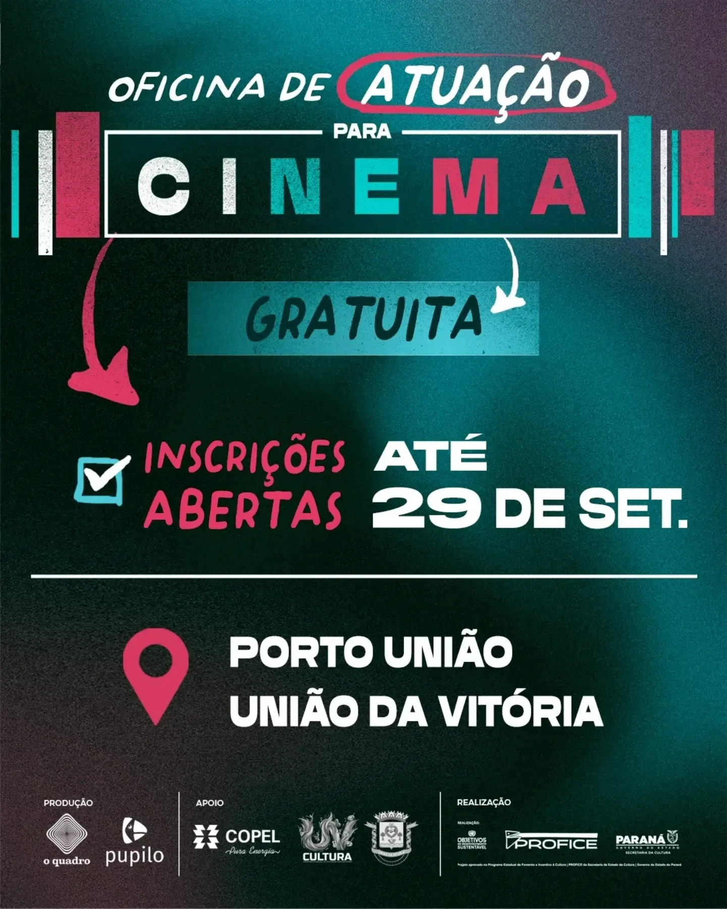 Jovens de União da Vitória e Porto União podem participar de oficina gratuita de atuação para cinema