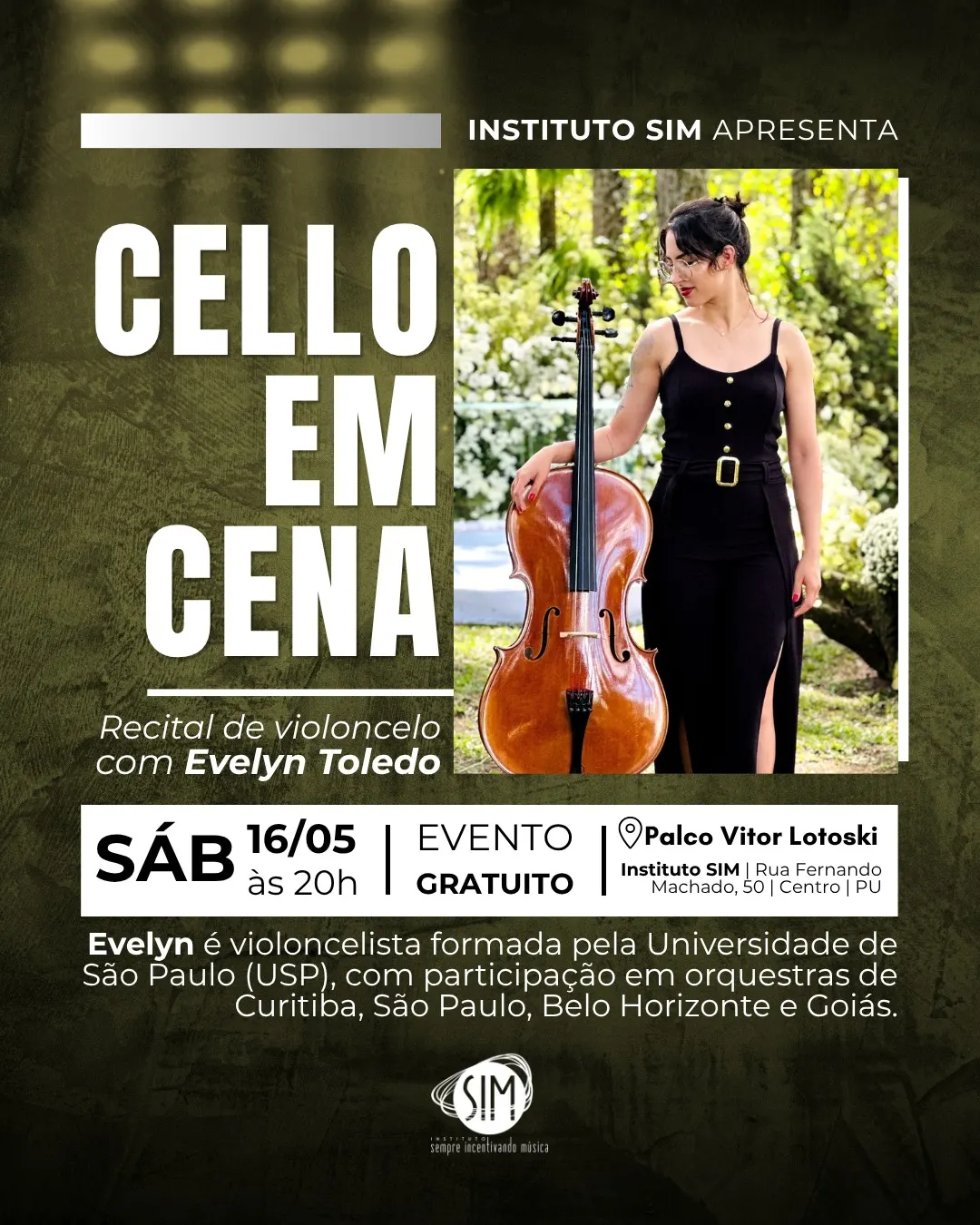 Instituto SIM promove recital gratuito de violoncelo em Porto União neste sábado