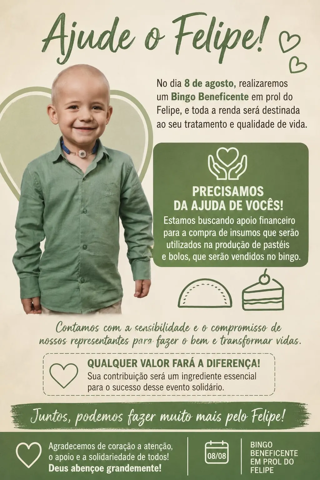 Bingo beneficente busca apoio para ajudar no tratamento do pequeno Felipe 