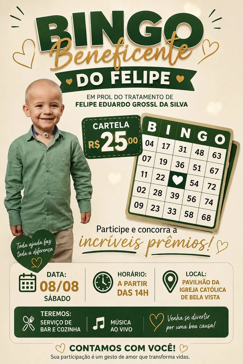 Bingo beneficente busca arrecadar recursos para ajudar no tratamento do pequeno Felipe 