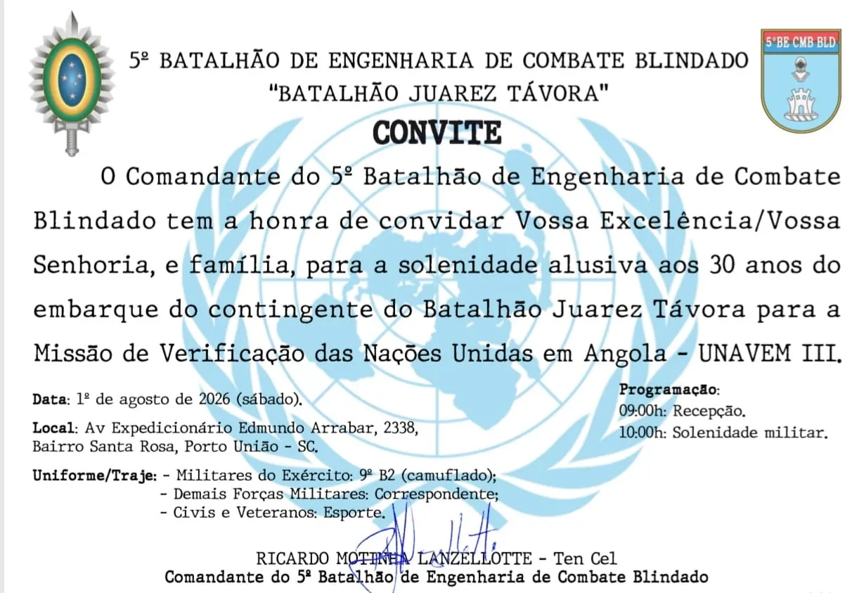 5º BEC Bld celebra 30 anos da Missão de Paz da ONU em Angola com solenidade em Porto União 