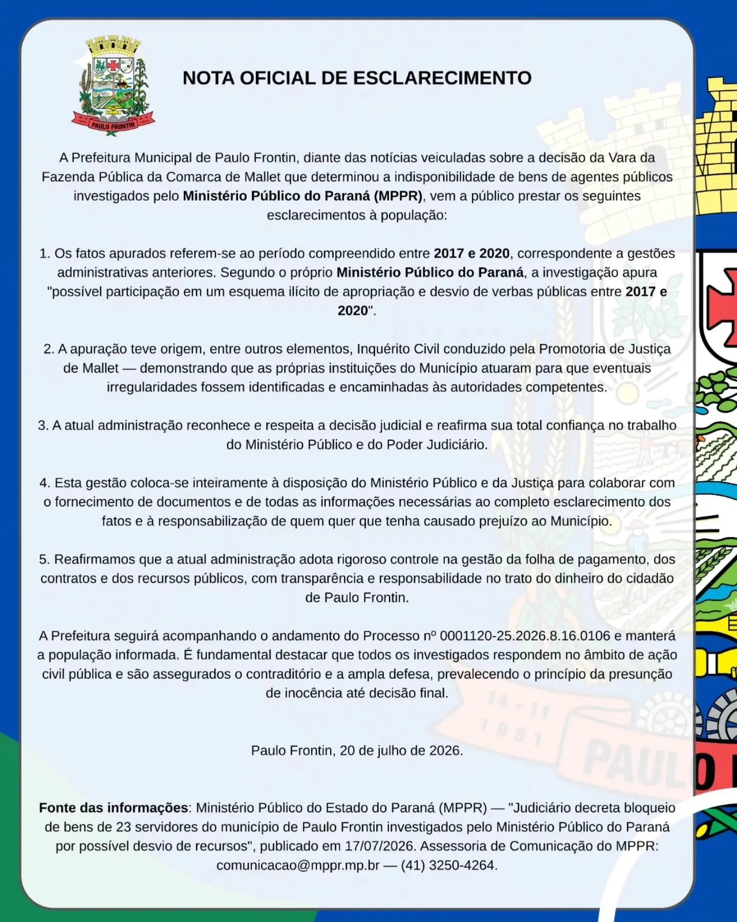 Prefeitura de Paulo Frontin divulga nota sobre investigação do MPPR 