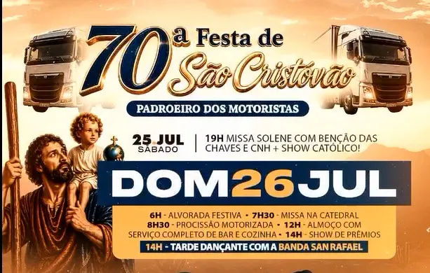  70ª Festa de São Cristóvão acontece nos dias 25 e 26 de julho com programação religiosa e festiva 