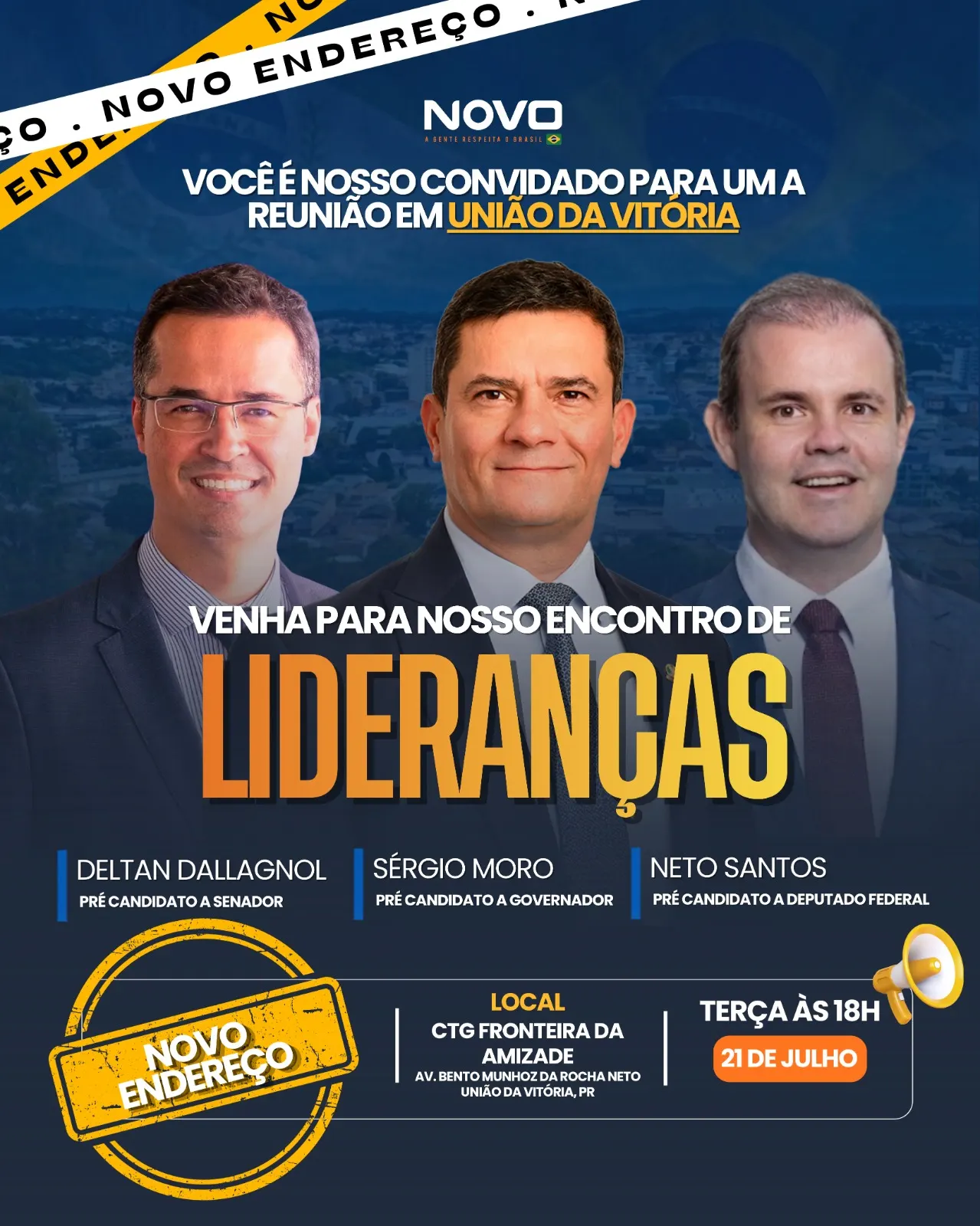 Encontro de lideranças do Novo reúne Sérgio Moro, Deltan Dallagnol e Neto Santos em União da Vitória
