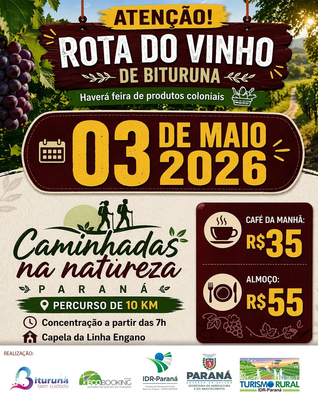 Bituruna promove Caminhada na Natureza pela Rota do Vinho no dia 3 de maio