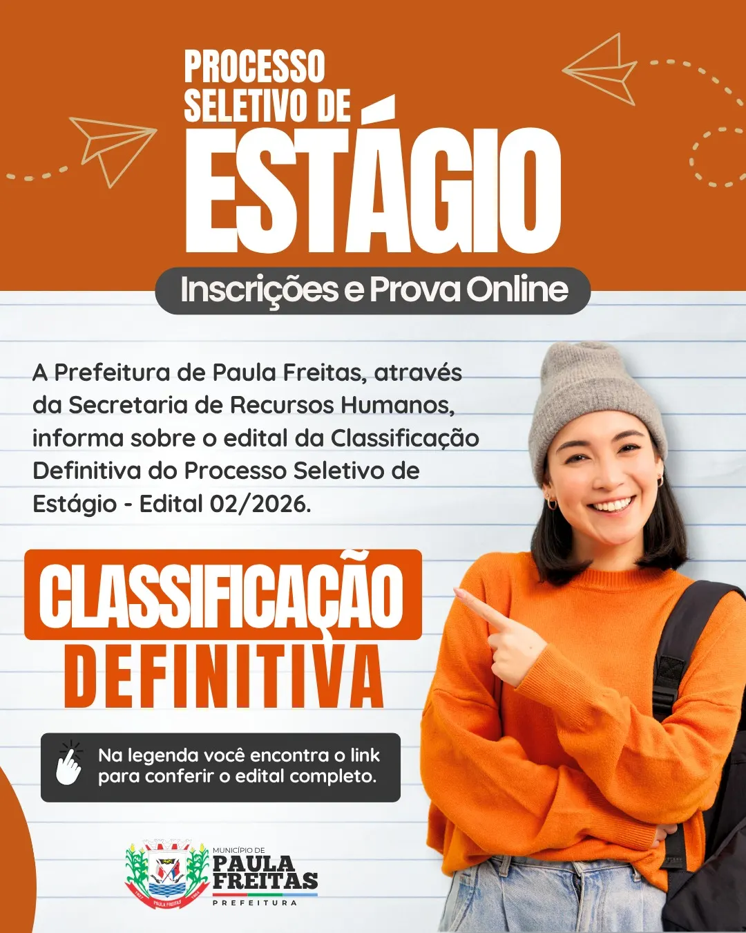 Prefeitura de Paula Freitas divulga classificação definitiva de processo seletivo para estágio