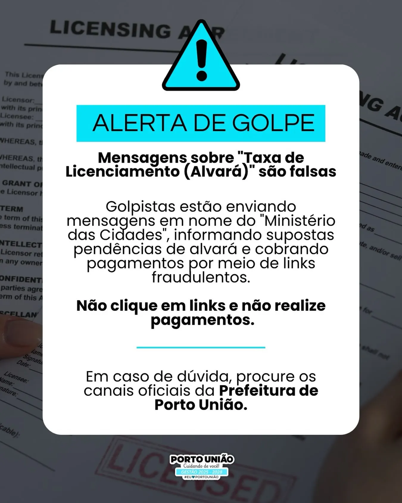 Prefeitura de Porto União alerta empresários sobre golpe envolvendo falso licenciamento