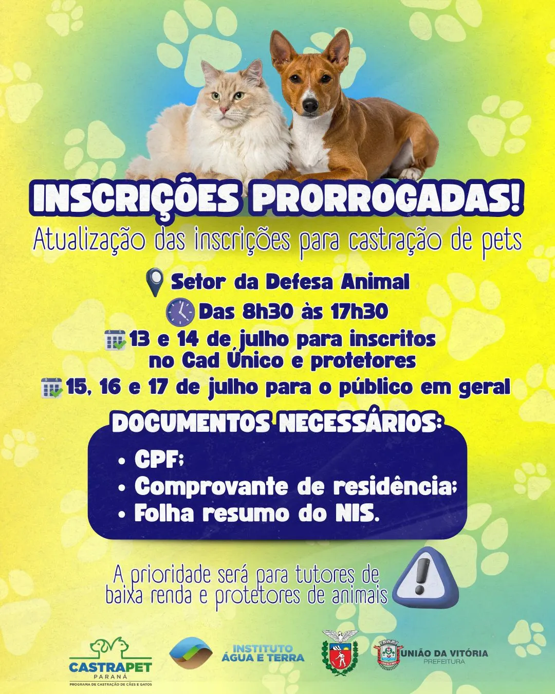 União da Vitória prorroga inscrições do CastraPet Paraná e ampliará atendimento para o público em geral